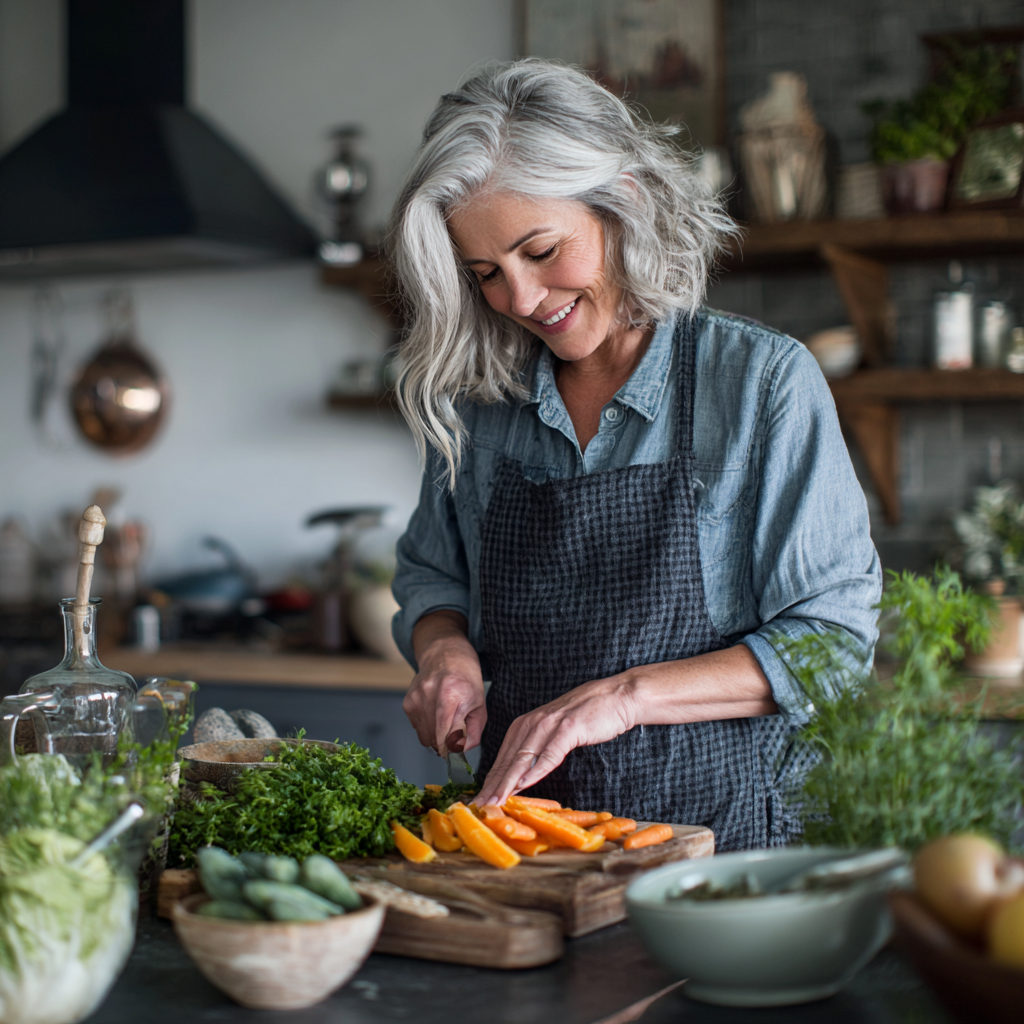 Middle-aged woman preparing healthy nutritious meal in modern kitchen