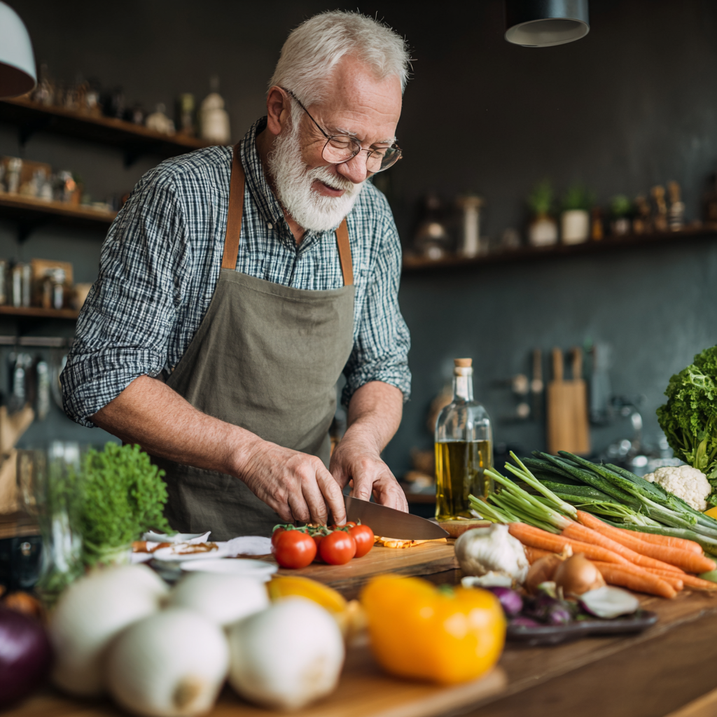 Senior man preparing healthy meal with fresh vegetables and wholesome ingredients